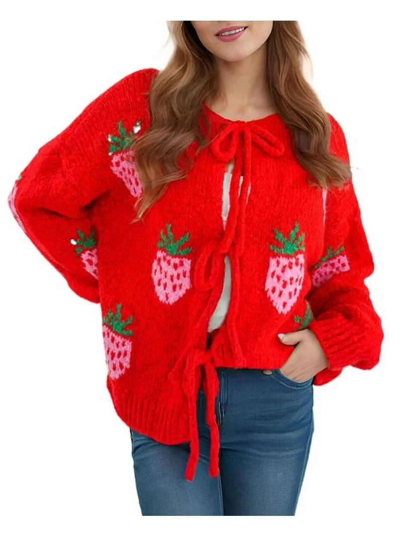 Valentine Cardigans for Women Cute Strawberries Printed Bow Tie Open Front Puff Sleeves Cardigan ... | Walmart (US)