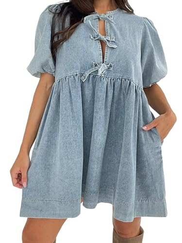 Women Tie Front Denim Dress Round Neck Puff Sleeve A-line Mini Jean Dress with Pockets | Amazon (US)