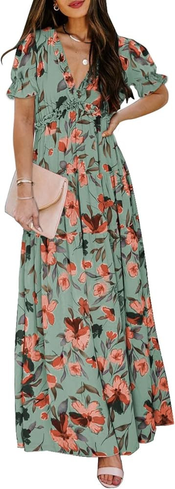 BLENCOT Women's Casual Boho Floral Printed Deep V Neck Dress | Amazon (US)