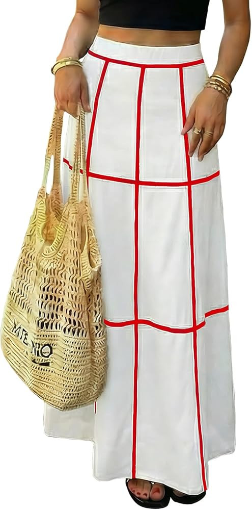 EXLURA Women's Faux Linen Boho Maxi Skirt Grid High Waist Long Flowy Skirts Summer Beach Vacation... | Amazon (US)