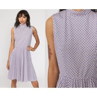 Purple Polka Dot Dress 60S Pleated High Waisted Pink Midi 70S Mod Mock Neck 1970S Vintage Sleeveless Small S | Etsy (US)