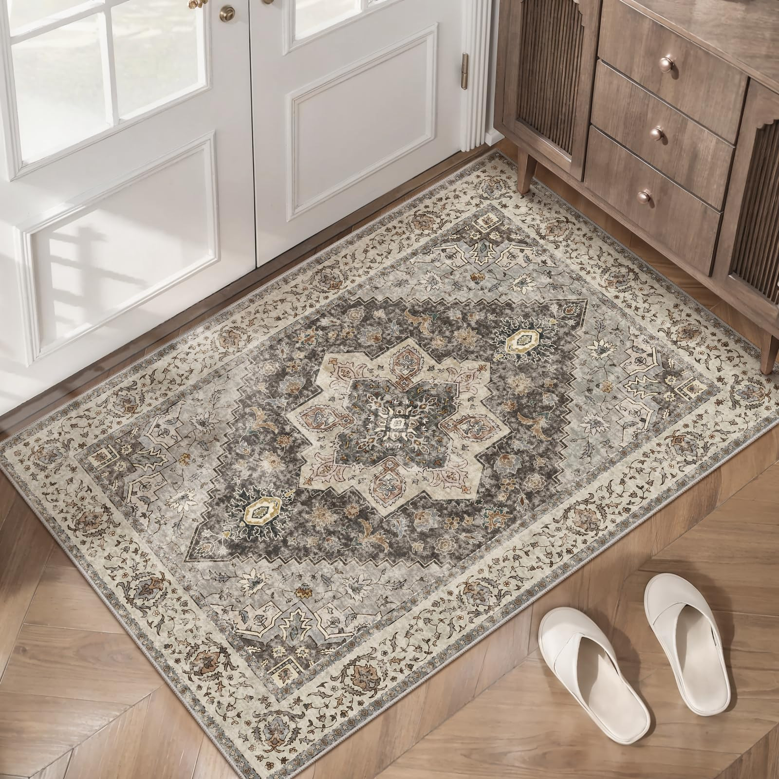 Vintage 2x3 Washable Rug for Entryway, Non Slip Small Indoor Front Door Rug, Print Distressed Gre... | Amazon (US)