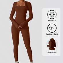 Ribbed Solid Color Fashion Sports Jumpsut,High Elastic Yoga Bodysuit, Long Sleeve Slim Fit Sports Jumpsuit,Women's Activewear | SHEIN
