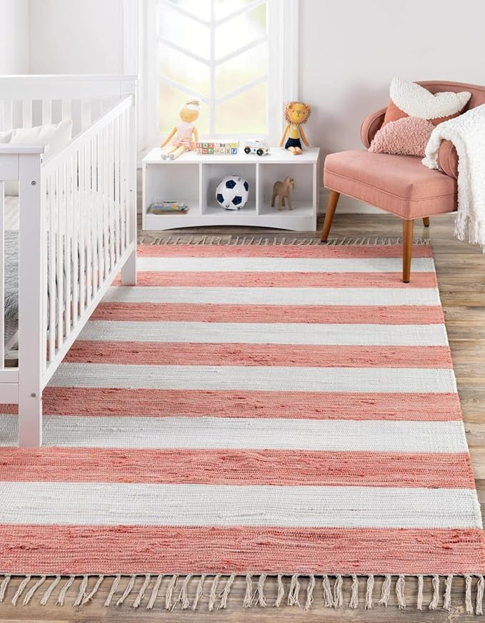 Unique Loom Chindi Rag Collection Area Rug - Striped (4' 1" x 6' 1" Rectangle, Coral and Ivory) | Amazon (US)
