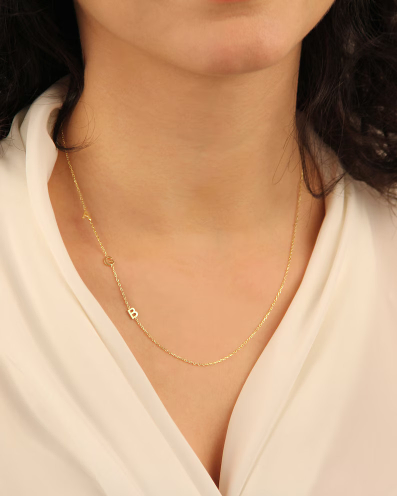 14K Solid Gold Sideways Initial Necklace - 14K Initial Necklace - Initial Jewelry - Mom Gift, Tin... | Etsy (US)