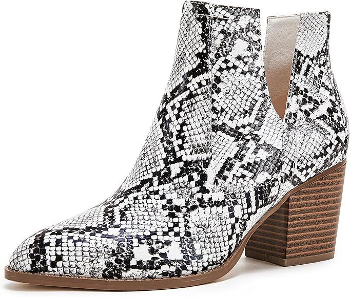 Huiyuzhi Womens Ankle Boots Slip on Cutout Pointed Toe Snakeskin Chunky Stacked Mid Heel Bootie | Amazon (US)