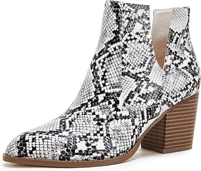 Huiyuzhi Womens Ankle Boots Slip on Cutout Pointed Toe Snakeskin Chunky Stacked Mid Heel Bootie | Amazon (US)