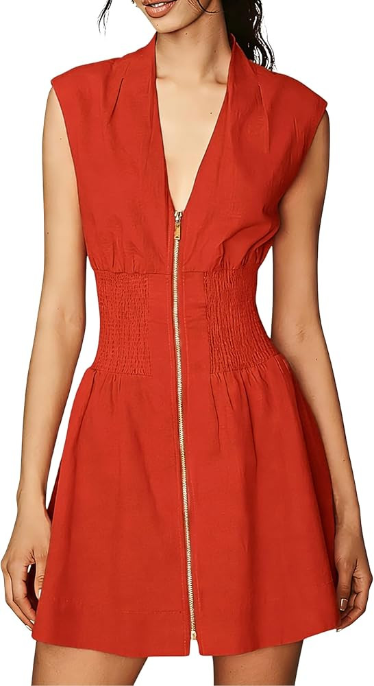 Women’s V Neck Summer Dress Cap Sleeve Zipper Mini Dress Smocked Slit Dress with Pockets | Amazon (US)