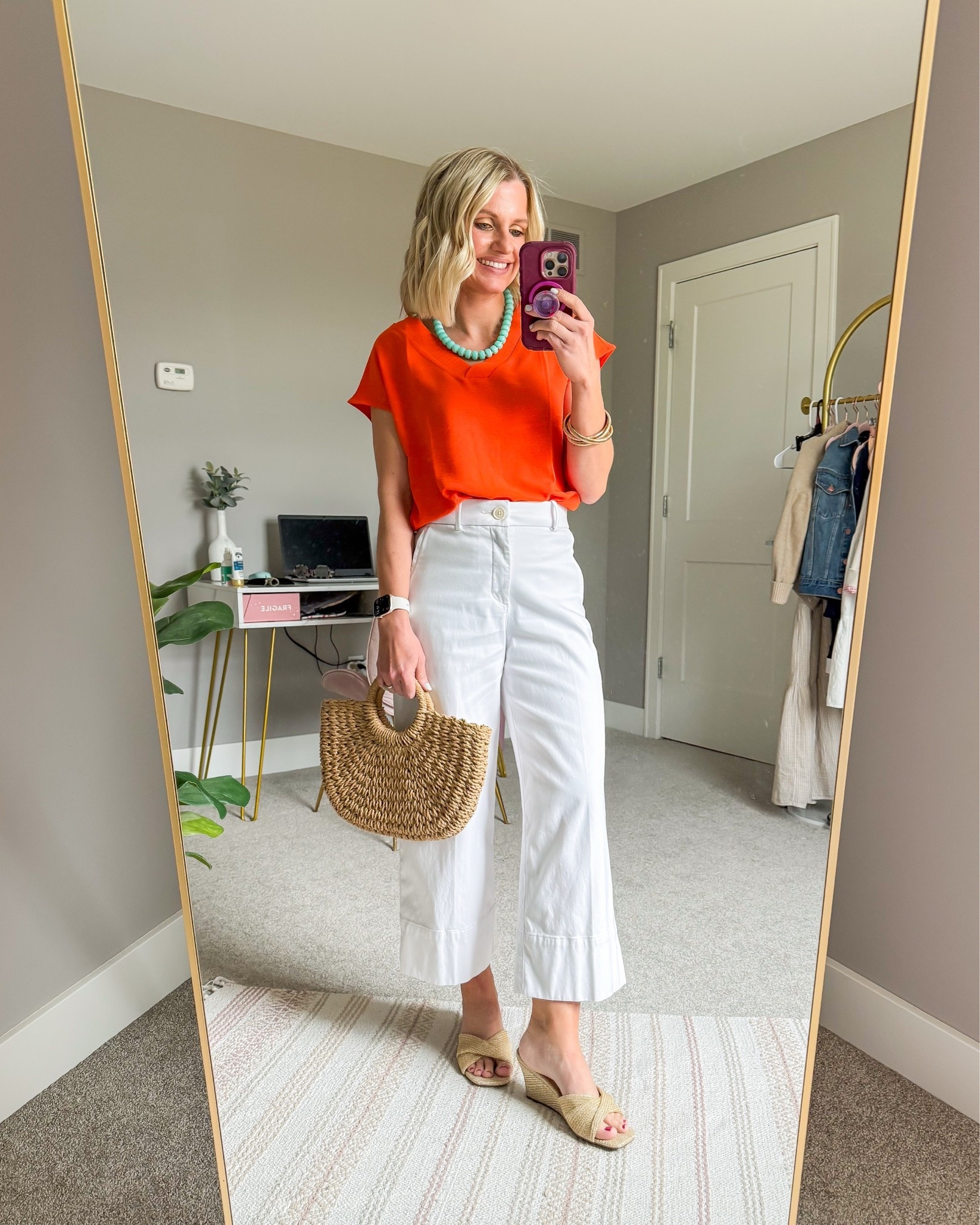 I love this white, orange and turquoise combo! So fun for summer! 
Top- small
Pants- xs/petite

#LTKootd #LTKOver40 #LTKSeasonal