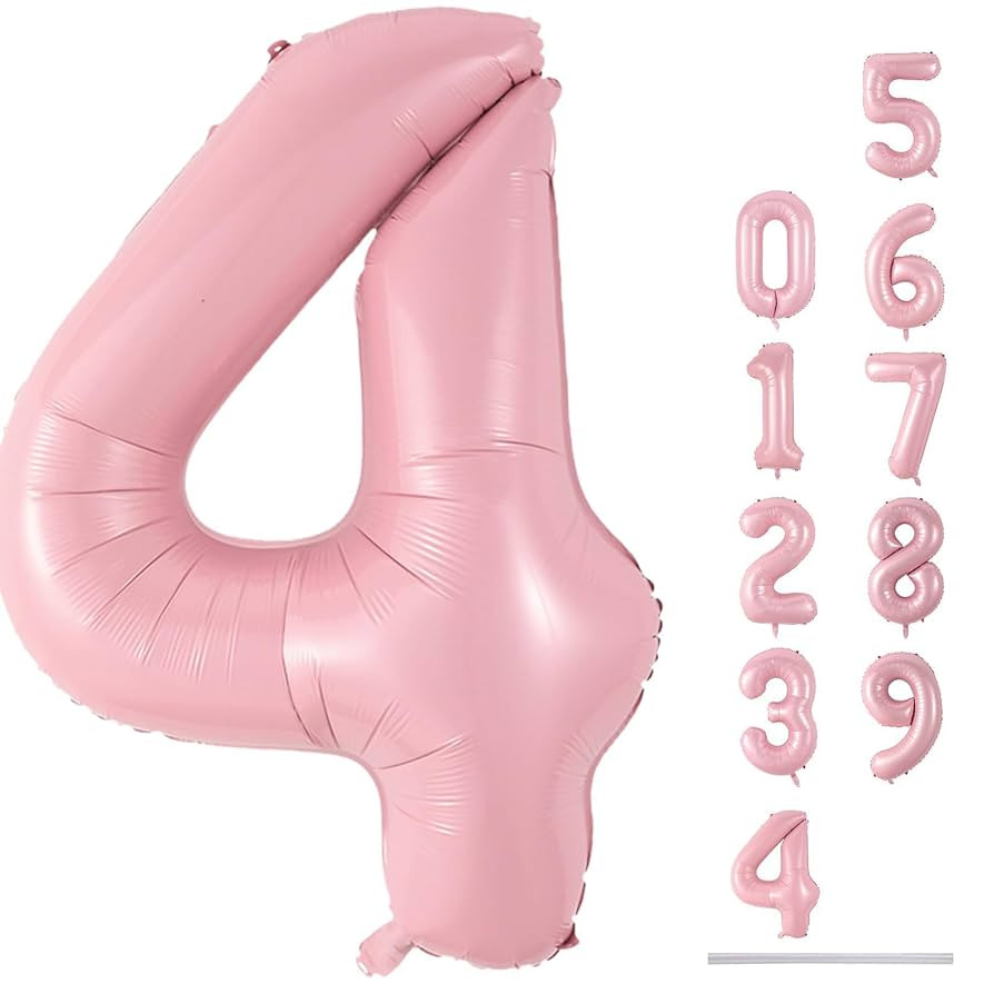 40 Inch Pastel Pink Foil Balloon Number 4, Large Self Inflating Light Pink Number Balloons 0-9 Pe... | Amazon (US)
