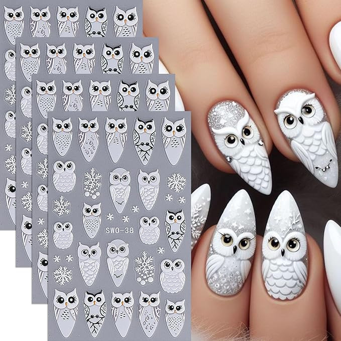 White Owl Snowflake Nail Stickers 3D Matte Winter Christmas New Year Cartoon Animal Design DIY Fa... | Amazon (US)