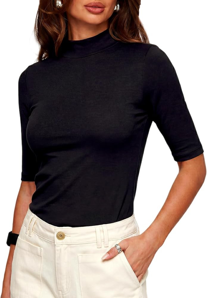 Prettywear Women's Mock Neck Half Sleeve Top – Slim Fit Summer Shirt for Work, Office & Casual ... | Amazon (US)