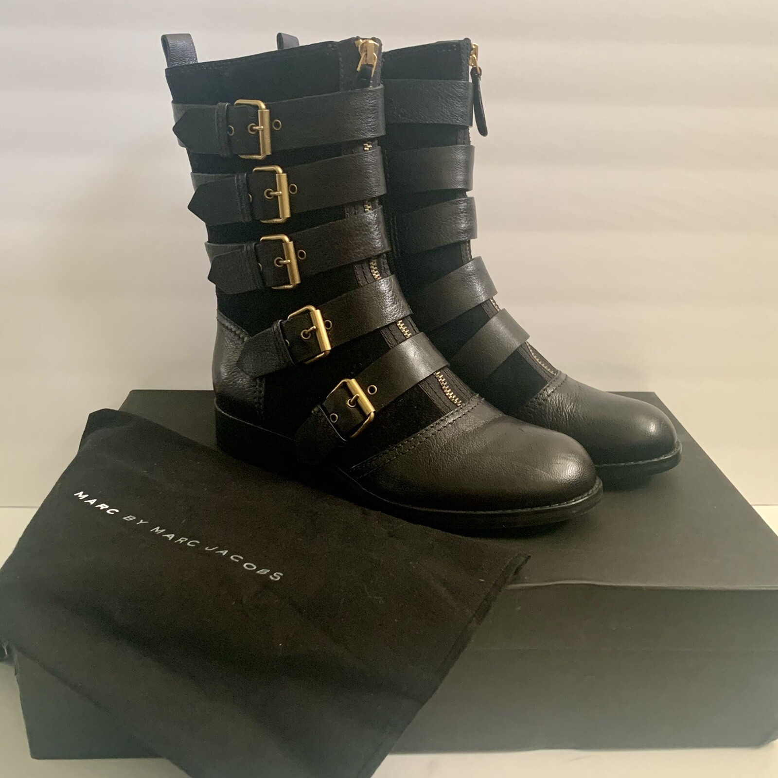 Marc By Marc Jacobs Black Leather Boots Moto Chic Gold Buckle Biker RARE 8 39 6 | eBay US