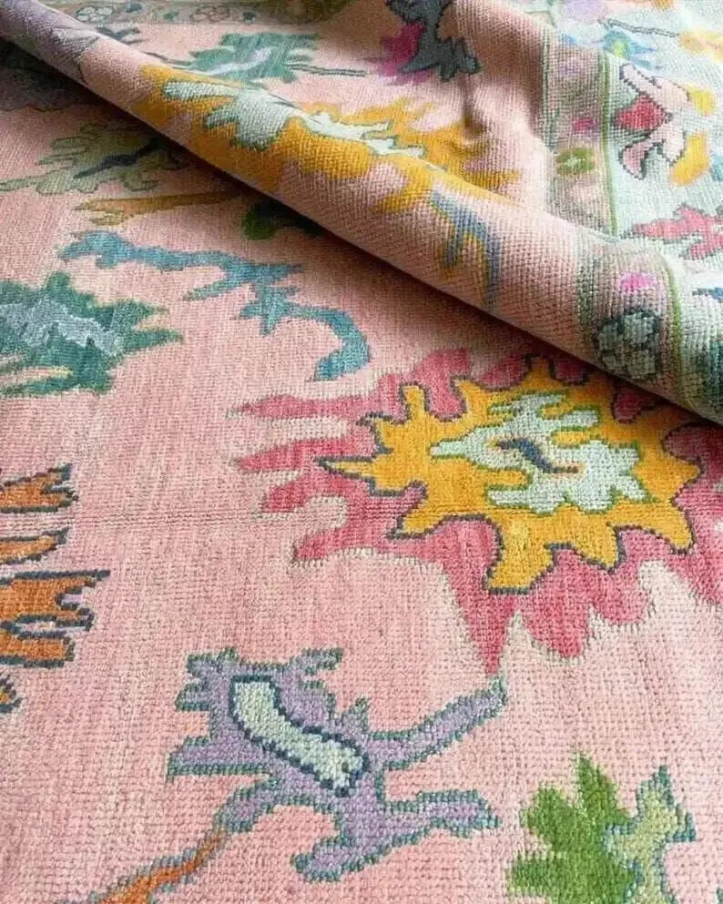 Hand-knotted Trending Oushak Wool Carpet - Pink Vintage Floral Turkish Rug - Etsy | Etsy (Global)
