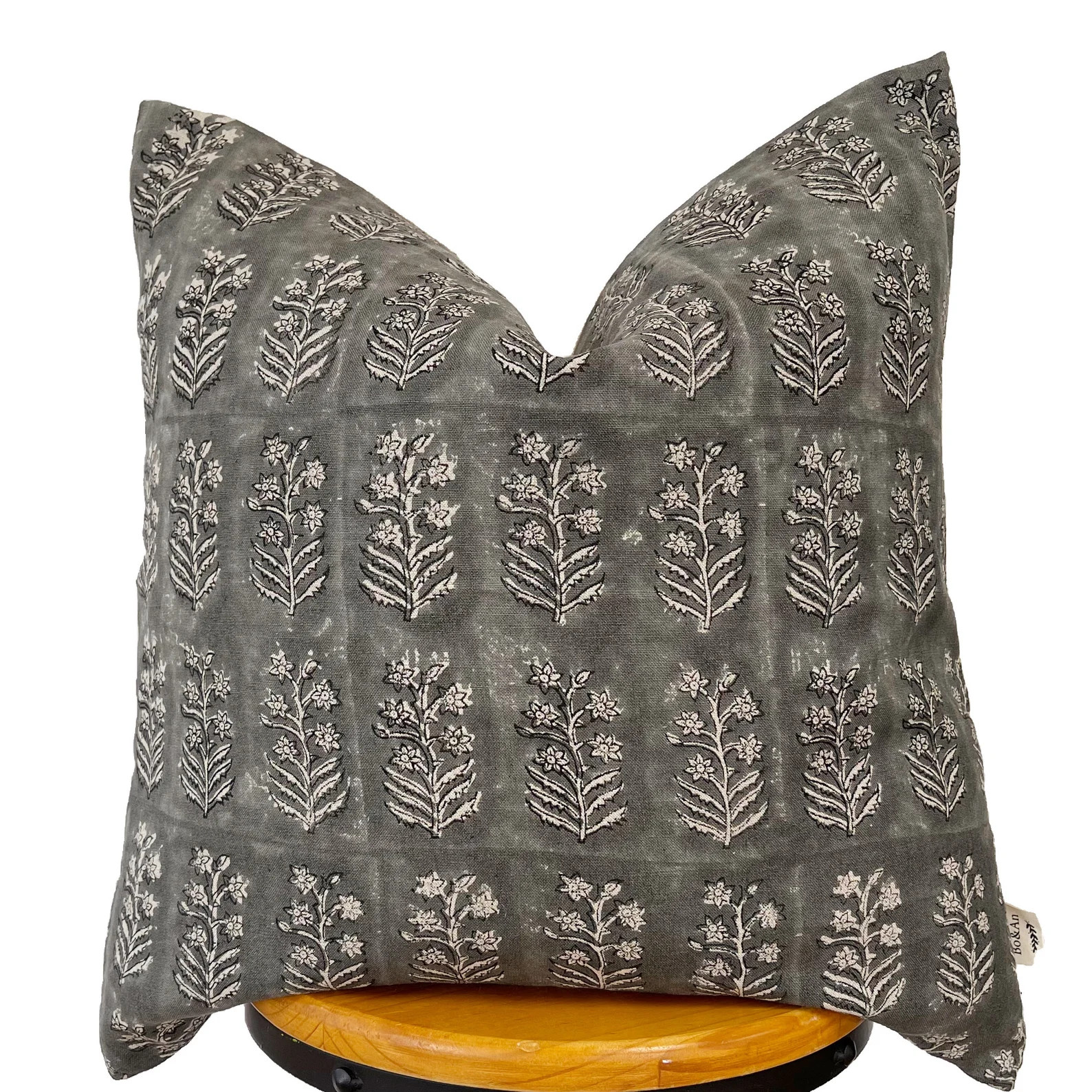 Block Print Linen Pillow Cover: Gray Floral Design - Etsy | Etsy (US)