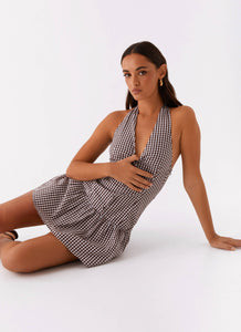 New Look Shirred Halter Mini Dress - Chocolate Gingham | Peppermayo (Global)