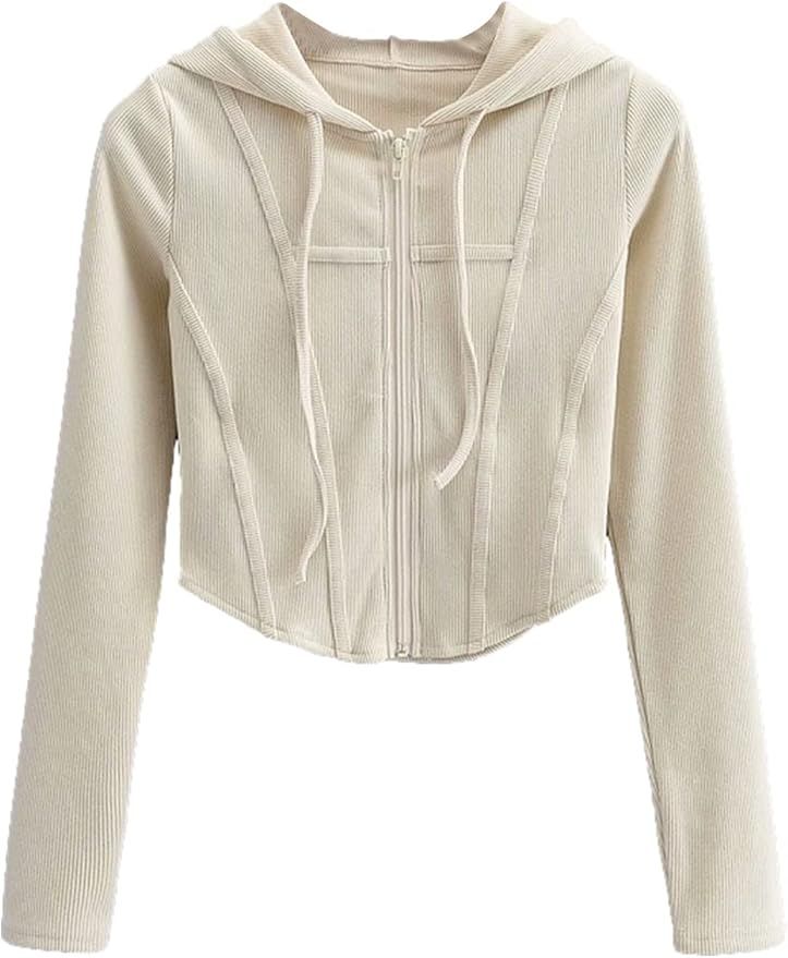 Xishiloft Women's Crop Top Hoodie Jacket Y2k Slim Fit Knitted Long Sleeve Bustier Sweatshirt Card... | Amazon (US)