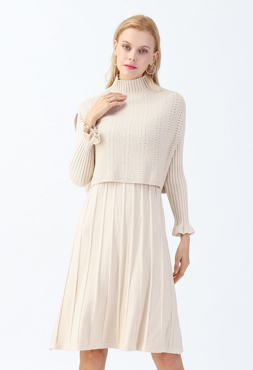 Mock Neck Pleated Knit Twinset Dress in Cream | Chicwish