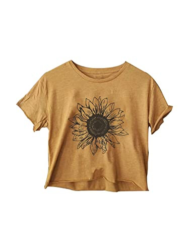 Women's Casual Summer Crew Neck Short Sleeve Crop Top Cute Sunflower Graphic Cropped T-Shirt for Teen Girl (Yellow,M) | Amazon (US)