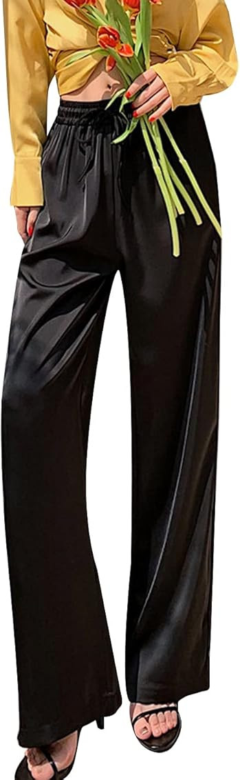 Snoly Women's Summer Ice Silk Pants High Waist Wide Leg Full Length Loose Casual Sweatpants | Amazon (US)