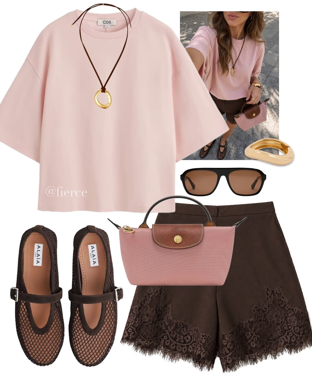 Pink oversized tshirt brown satin lace shorts Alaia brown fishnet sandals pink mini bag casual chic outfit 

#LTKuk #LTKspring #LTKsummer