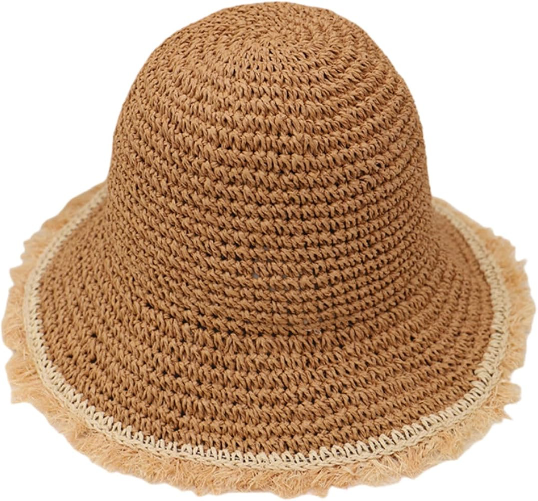 Women's Sun Hat Wide Brim Summer Beach Hat Hand-Woven Crochet Straw Hat Foldable Fringed Floppy B... | Amazon (US)