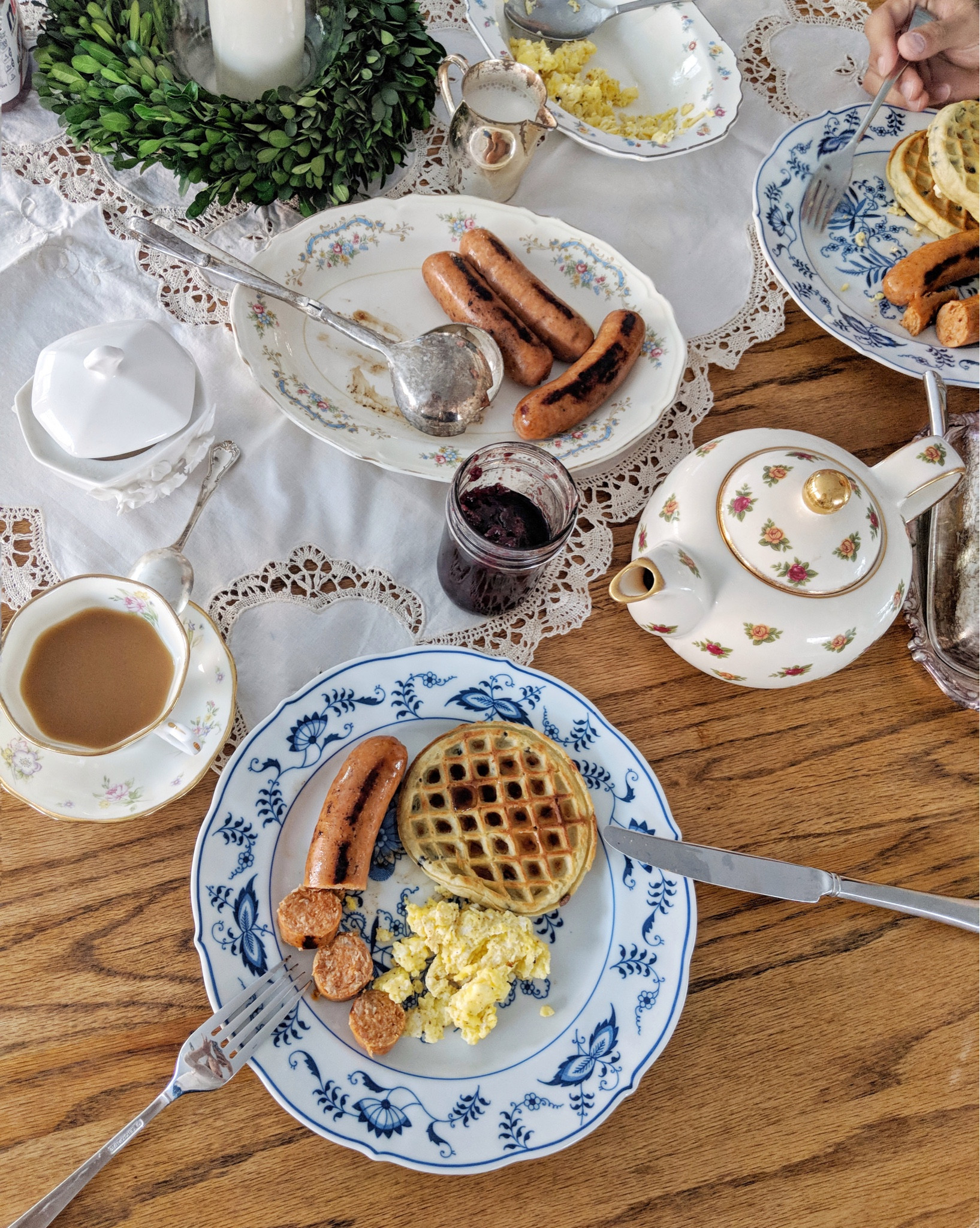 A cozy breakfast is made even more pleasant with vintage dishes and table linens. This tablescape has some Royal Albert, some Blue Danube, and random other thrift store finds. 

 #LTKHome #LTKFindsUnder50 #LTKFindsUnder100