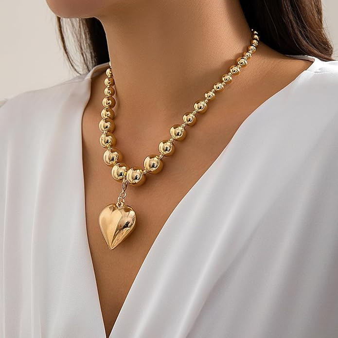 Gold Heart Chunky Necklaces for Women Silver Heart Necklace Big Pearl Choker Necklace Y2k Necklac... | Amazon (US)