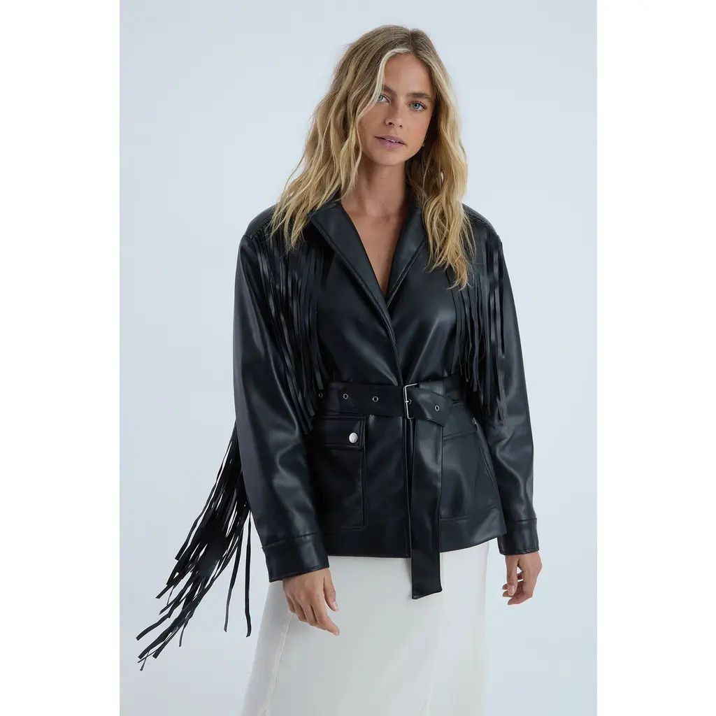NASTY GAL Fringe Faux Leather Belted Jacket in Black at Nordstrom, Size 0 | Nordstrom