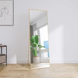 LFT HUIMEI2Y Full Length Floor Mirror with Standing Holder, 65"x22" Gold Aluminum Body Mirror, Re... | Amazon (US)