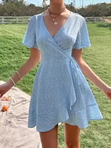 All Over Print Ruffle Trim Tie Side Wrap Dress
   SKU: sw2111193741244493      
          (2123 R... | SHEIN