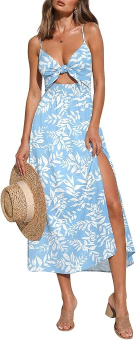 oten Womens Sleeveless V Neck Tie Front Cut Out Floral Maxi Sundress Spaghetti Strap Slit Flowy S... | Amazon (US)