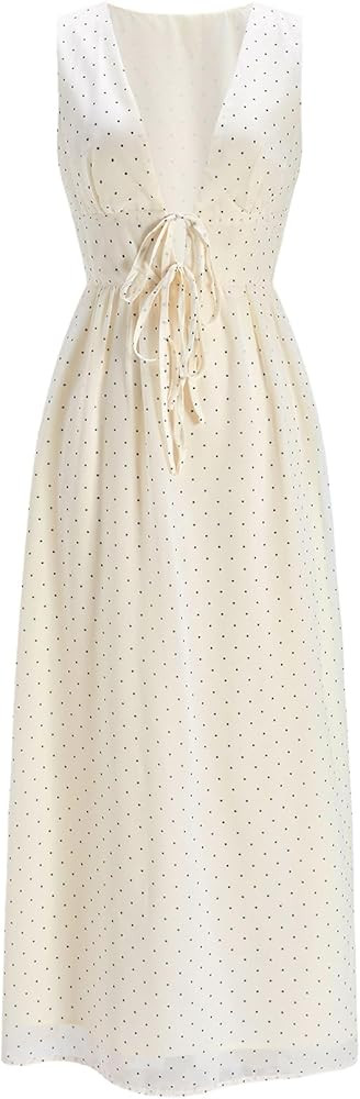 Women's Summer Polka Dots Maxi Dress Tie Front Deep V Neck A Line Y2k Going Out Dresses | Amazon (US)