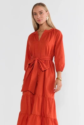 Rust Tiered  Belted Mid Dress | Avara