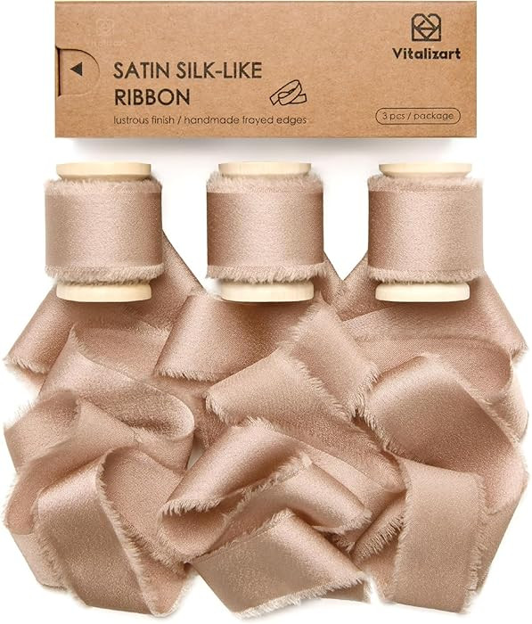 Vitalizart Silk Satin Ribbon 1 Inch x 15 Yard Wooden Spool Champagne Handmade Frayed Ribbon for G... | Amazon (US)
