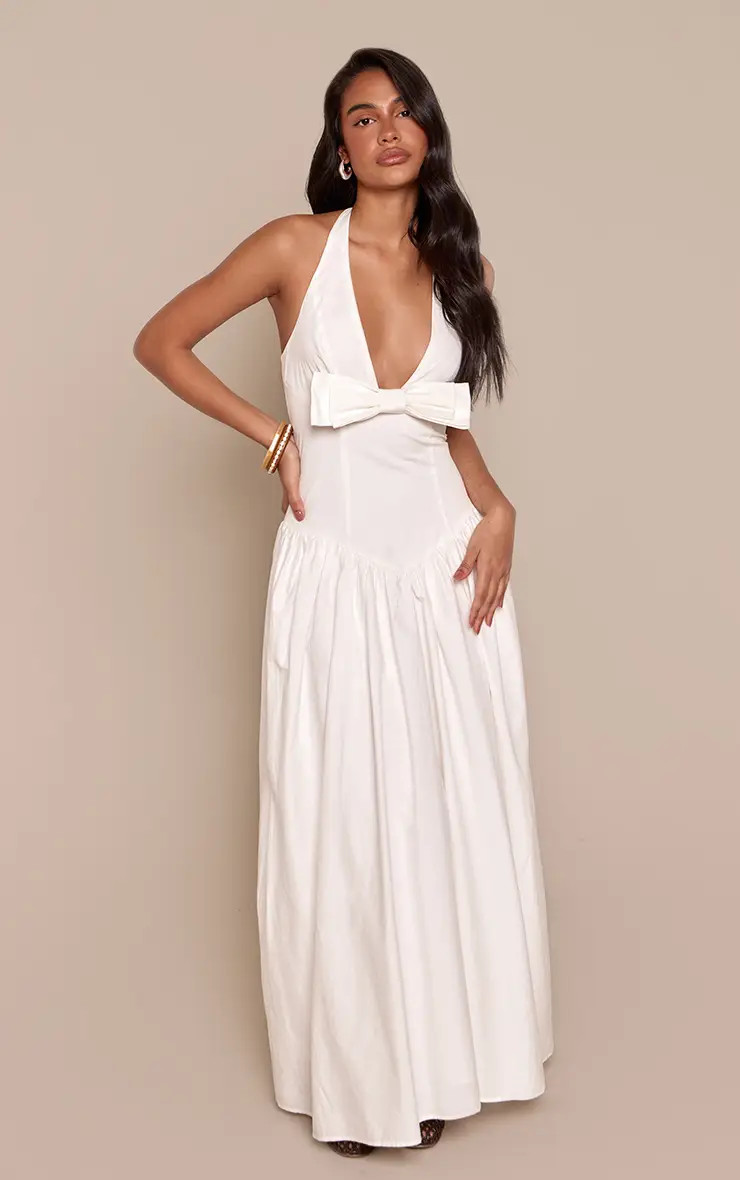 White Bow Halterneck Sleeveless Maxi Dress | PrettyLittleThing USA | PrettyLittleThing US