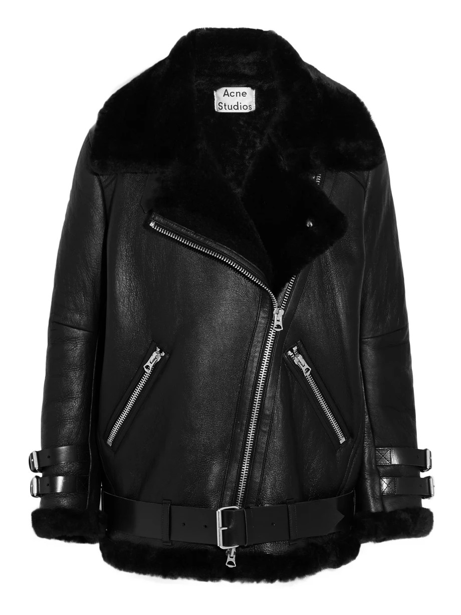 Acne Studios Oversized Shearling Biker Jacket, Black, Women's, Size: 40 | NET-A-PORTER (US)