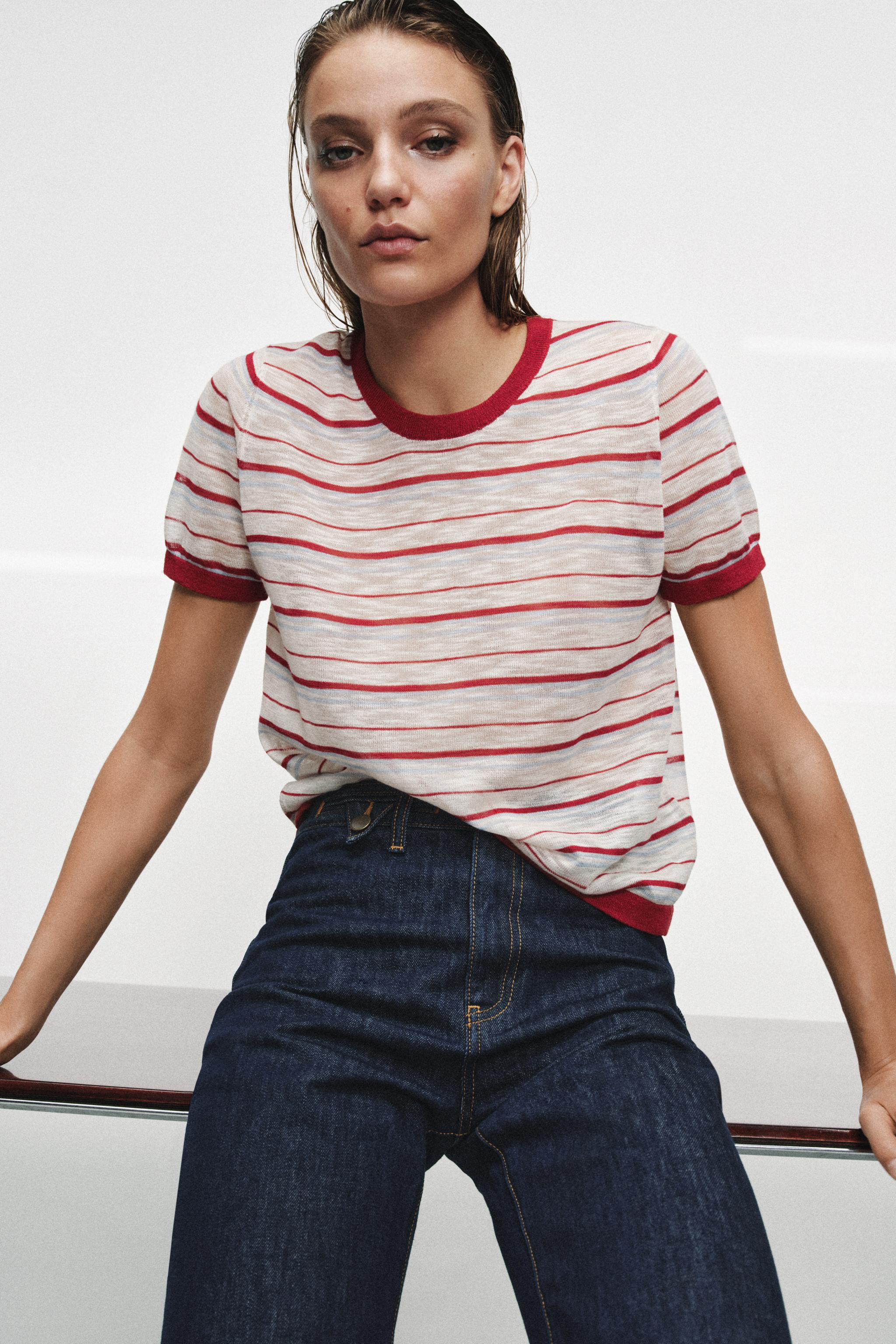SHORT SLEEVE STRIPED KNIT TOP | Zara UK