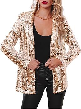 Women's Shiny Sequin Open Front Blazer Coat Lapel Long Sleeve Cardigan Jacket | Amazon (US)