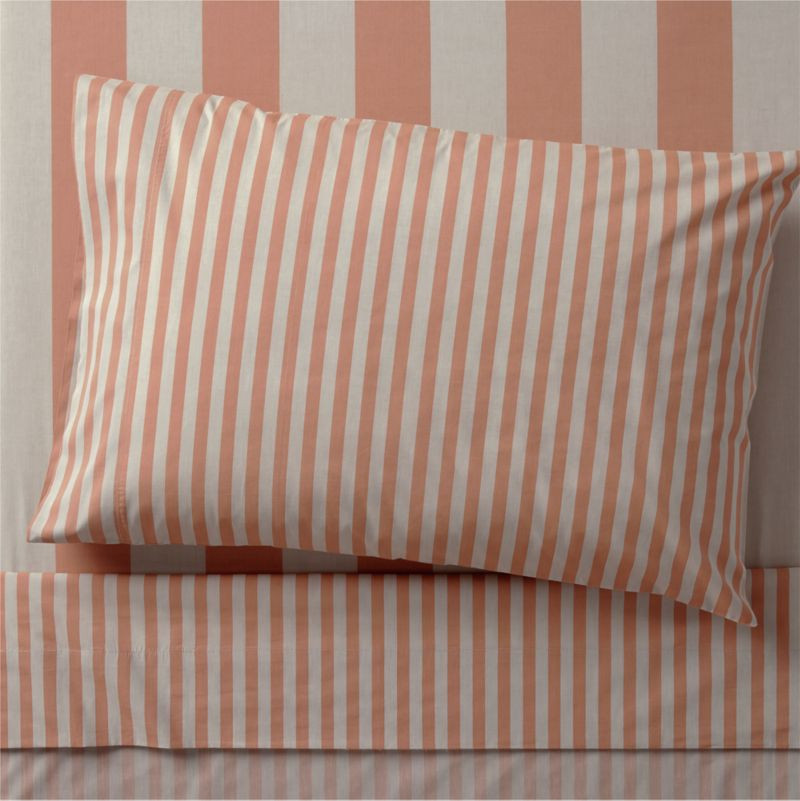 Riviera Terracotta Pink and Oatmeal Stripe Organic Cotton Kids Twin Sheet Set + Reviews | Crate &... | Crate & Barrel
