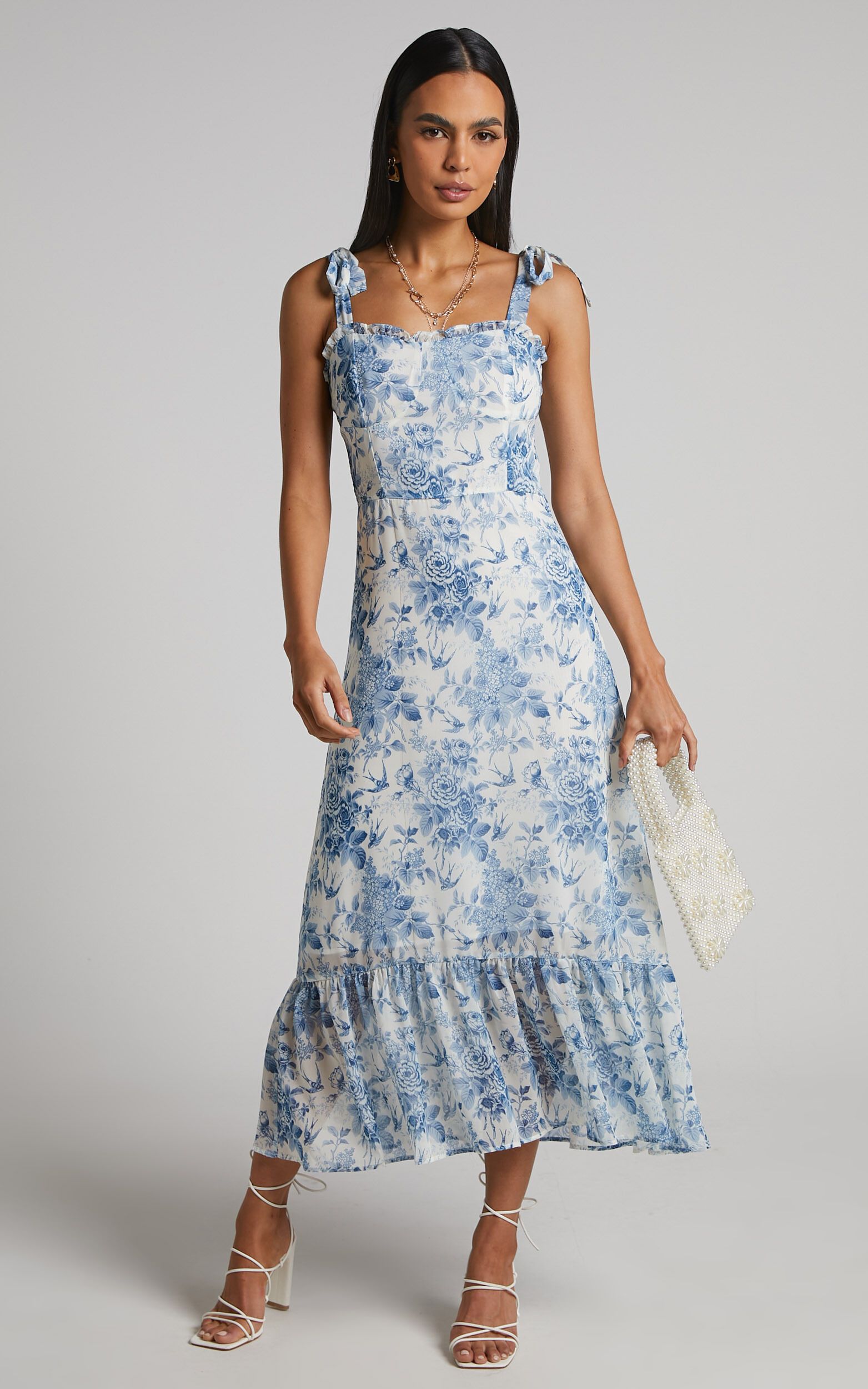 Hannah Midi Dress - Tie Strap Ruffle Hem Dress in Blue Floral | Showpo (US, UK & Europe)