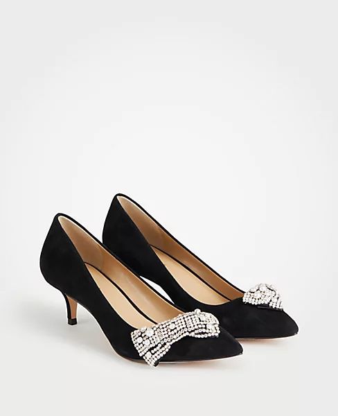 Keira Crystal Pearlized Crystal Bow Suede Pumps | Ann Taylor (US)