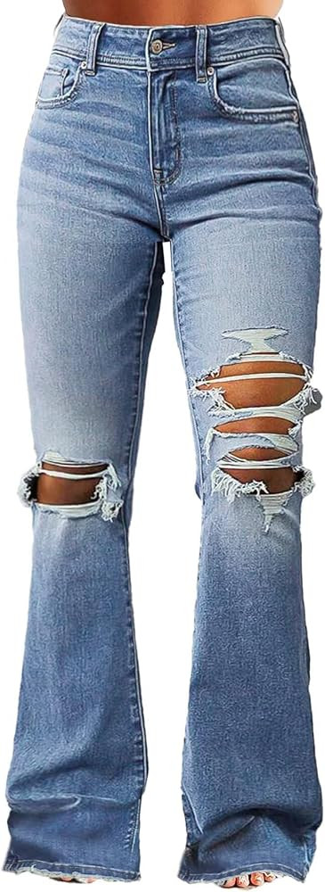 Flamingals Women's Ripped Bell Bottom Jeans Bootcut Mid Rise Stretchy Cut Out Denim Flare Jeans | Amazon (US)