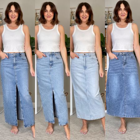 Part 2: Denim maxi skirt try on from my Instagram stories:
I’m 5’ 7” size S or 4
1. Dynamite: wearing size S, great fit, 100% cotton
2. Mango: wearing size S, a bit snug but might stretch out, it’s also 100% cotton (was free shipping to Canada and came pretty quick)
3. H&M: wearing S, fits great, slightly roomy. Slit is at the back
4. Amazon: denim is thinner and very stretchy, wearing size S, slit is on one side

Also linked several other similar long denim skirts 

#LTKstyletip #LTKSeasonal #LTKFind