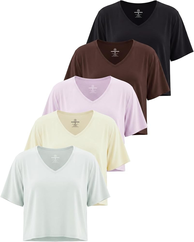 Real Essentials 5 Pack: Women's Dry-Fit Short Sleeve V-Neck Crop Top Boxy Athletic Tee | Amazon (US)