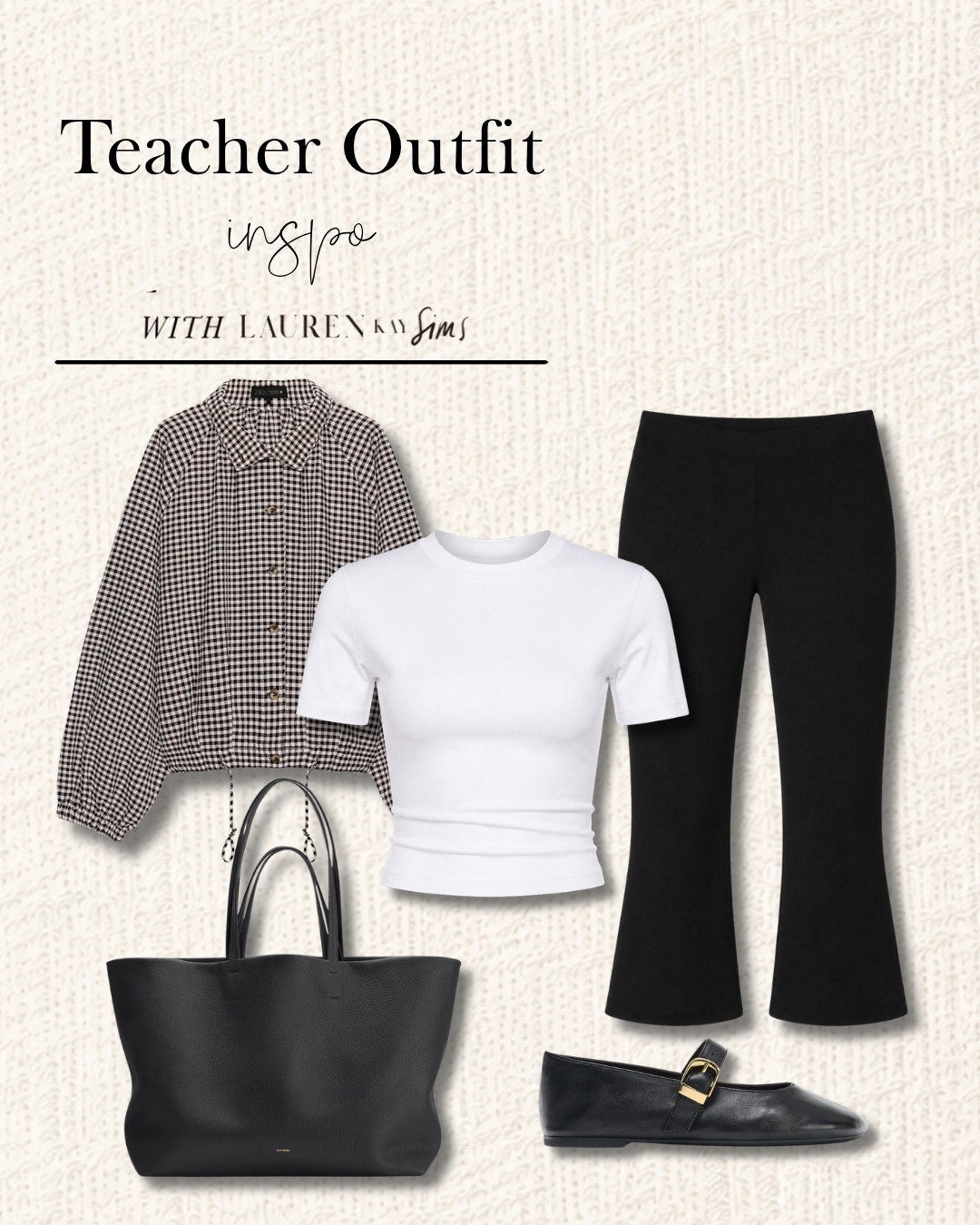 Timeless, wearable, and easy to repeat!

Such a chic everyday teacher outfit: fitted white top, black flares, classic flats, and a lightweight gingham jacket for the perfect extra layer.

#LTKootd #LTKSeasonal #LTKWorkwear