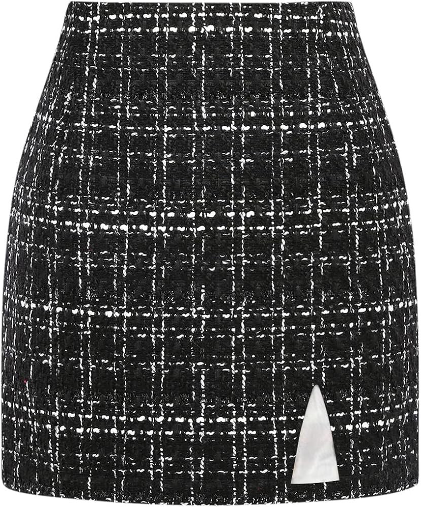 Plaid Mini Skirts for Womens High Waisted Fall Winter Wool Bodycon Pencil Skirts with Slit | Amazon (US)