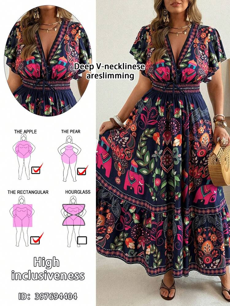 Ceyna Women's Plus Size Boho Summer Navy Blue Vacation Maxi Dress,Bohemian Deep V Neck Flutter Sl... | SHEIN