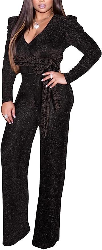 HugeNice Sexy Jumpsuits for Women Elegant Long Sleeve Party V Neck Wide Leg Pants Rompers with Be... | Amazon (US)