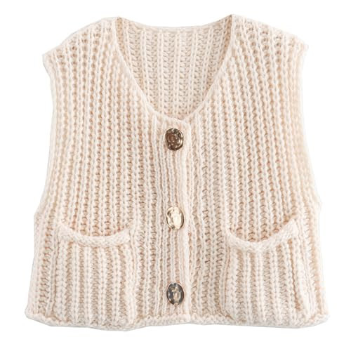 Hixiaohe Womens Crochet Chunky Knit Top Sleeveless Button Down Crop Tops Trendy Cardigan Sweater Vest for Women with Pockets, Beige, Small | Amazon (CA)
